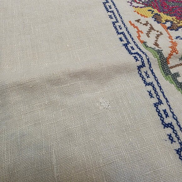 Vintage Hand-Embroidered Cross Stitch Pagoda Garden Asian Tablecloth 46" Square - Picture 5 of 5